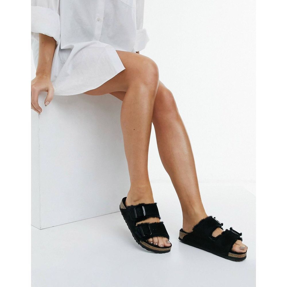 New Birkenstock Women's Arizona Shearling Lined Sandal Black/Black Suede Size 42